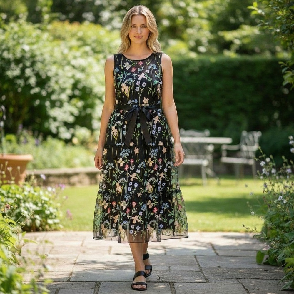 R&M Richards Floral Embroidered Mesh Tiered Midi Dress Black 16W Sleeveless